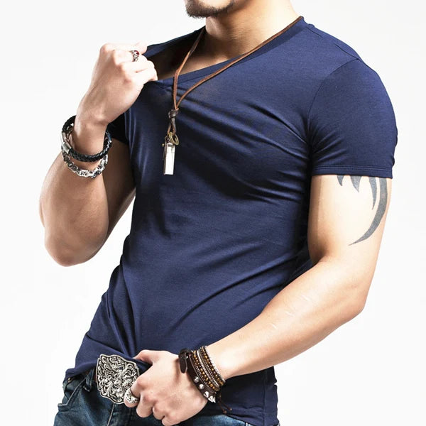 Men's V-Neck Fitness T-Shirt by Jelieora Venture, close-up of black athletic shirt with V-neckline and lightweight fabric.