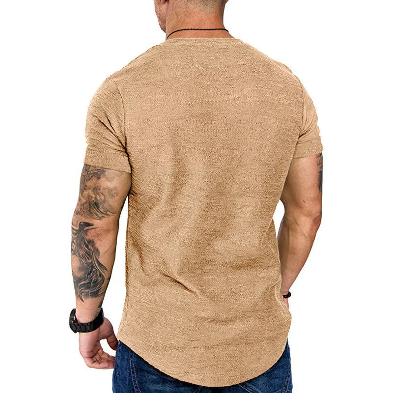 Men's Hip Hop Longline Curved Hem T-Shirt by Jelieora Venture, featuring a stylish longline cut with a curved hem design.