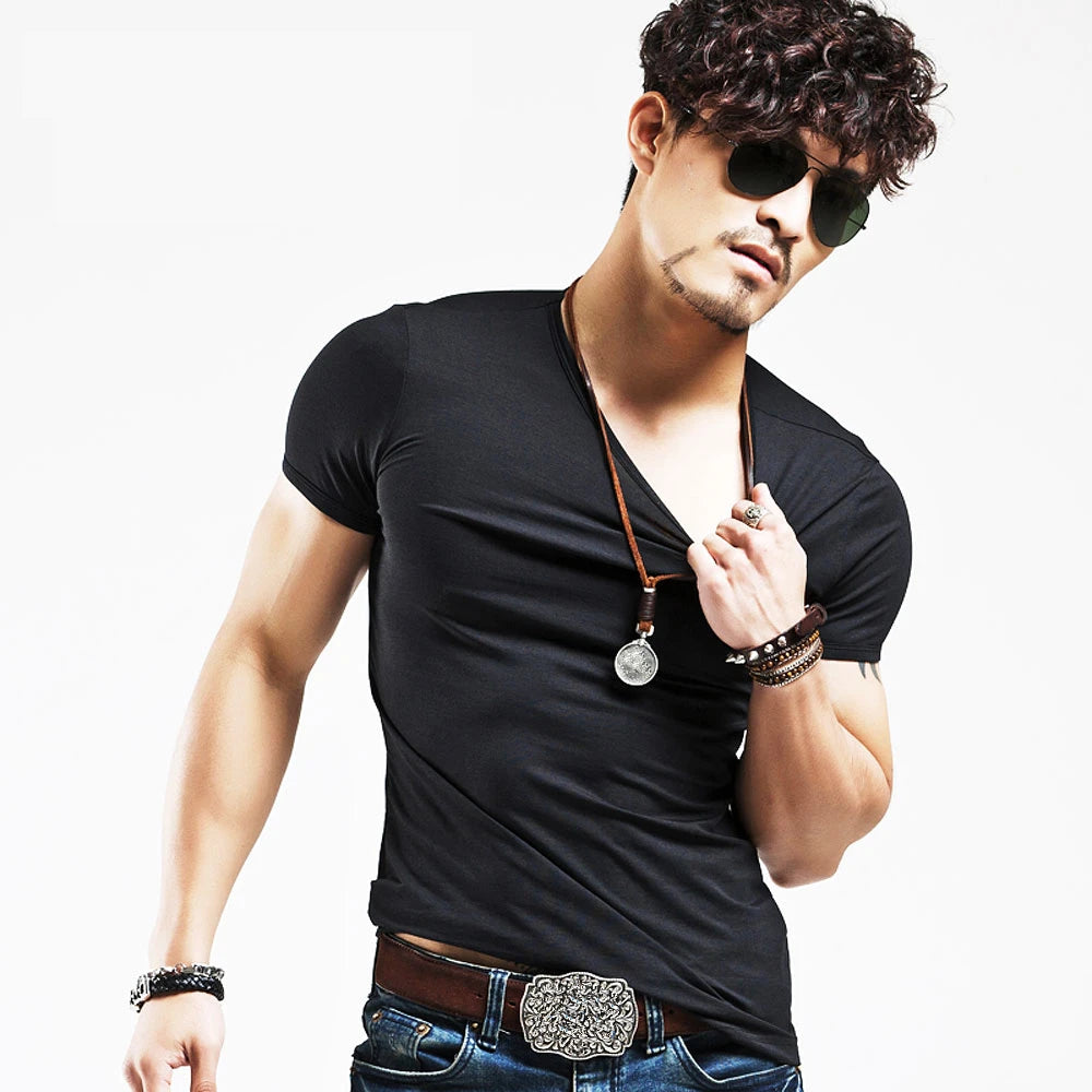 Men's V-neck fitness T-shirt by Jelieora Venture, shown in black with a snug fit and breathable fabric for active wear.
