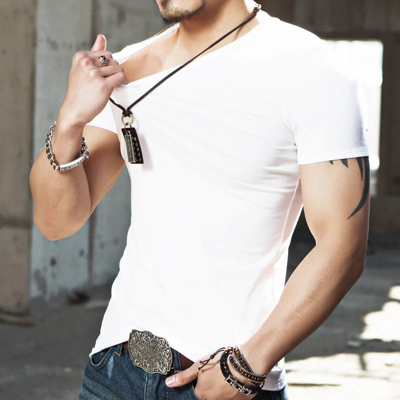 Men's V-Neck Fitness T-Shirt by Jelieora Venture, shown in black with a fitted athletic design and breathable fabric.