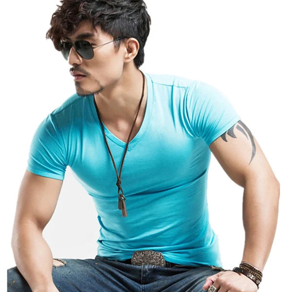 Men's V-Neck fitness T-shirt by Jelieora Venture, shown in black with a comfortable fit and soft fabric for activewear.