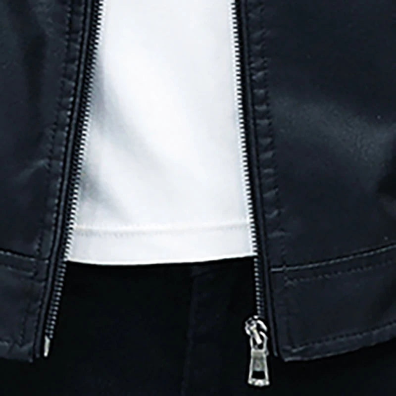 Men's black faux leather biker jacket by Jelieora Venture with classic design, featuring lapel collar and zippered front.