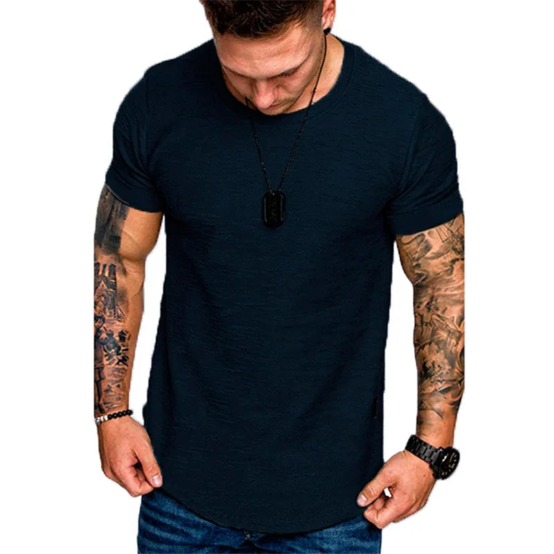 Men's longline hip hop T-shirt with curved hem by Jelieora Venture, featuring a relaxed fit and casual streetwear style.
