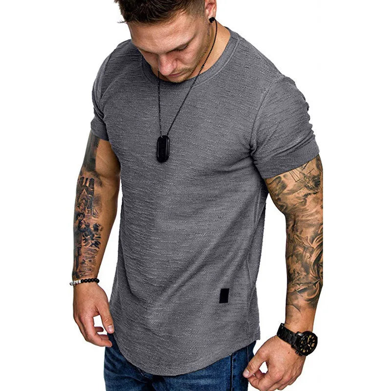 Men's longline hip hop T-shirt with curved hem by Jelieora Venture, featuring a stylish and casual design.