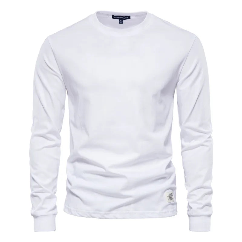 Men's cotton long sleeve T-shirt by Jelieora Venture, shown in a relaxed fit with a crew neckline and natural cotton fabric.