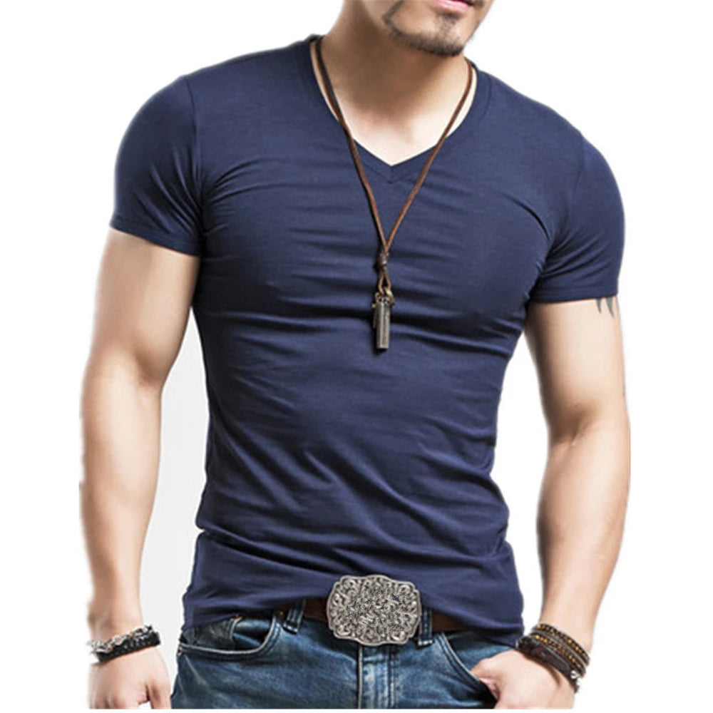 Men's V-neck fitness T-shirt by Jelieora Venture, shown laid flat with a sleek, lightweight fabric design.
