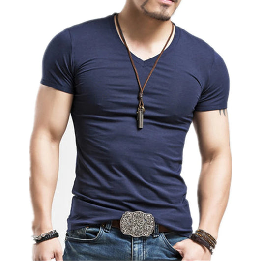 Men's V-neck fitness T-shirt by Jelieora Venture, shown laid flat with a sleek, lightweight fabric design.