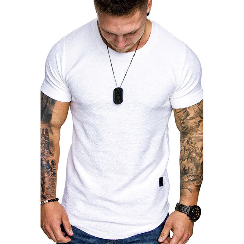 Men's longline hip hop T-shirt with curved hem by Jelieora Venture, featuring a relaxed fit and casual streetwear style.