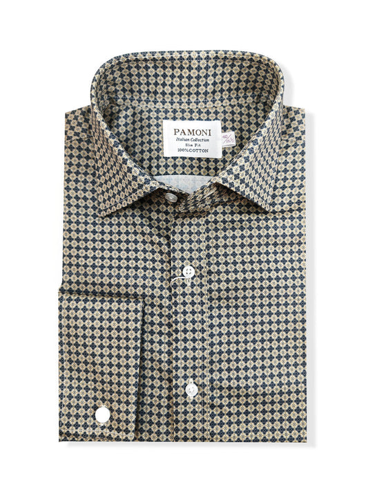 Men's beige and navy slim fit shirt by PAMONI, displayed on a hanger with a close-up of fabric and collar details.
