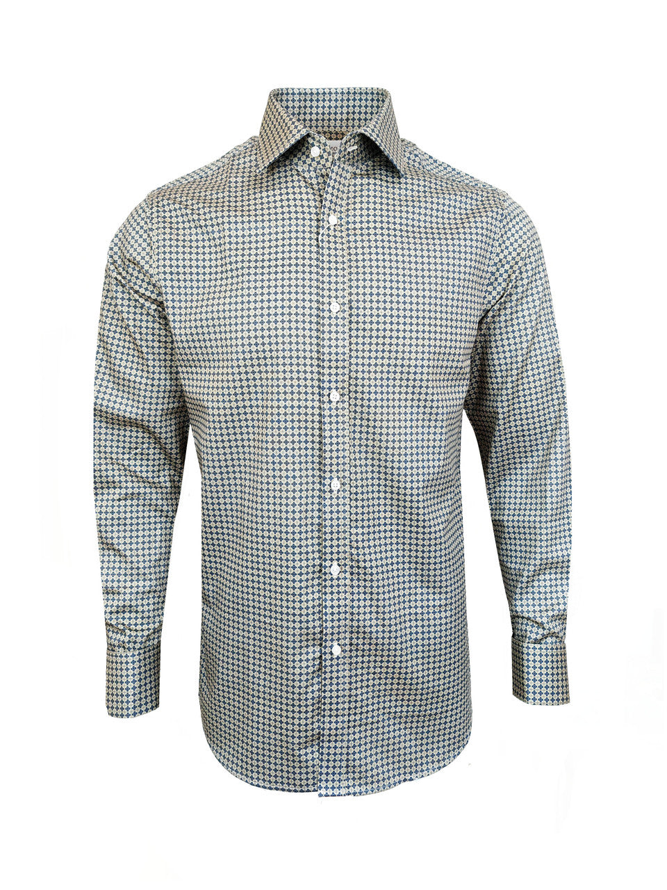 Men's beige and navy slim fit shirt by PAMONI, featuring a classic collar and button-down front, displayed on a hanger.