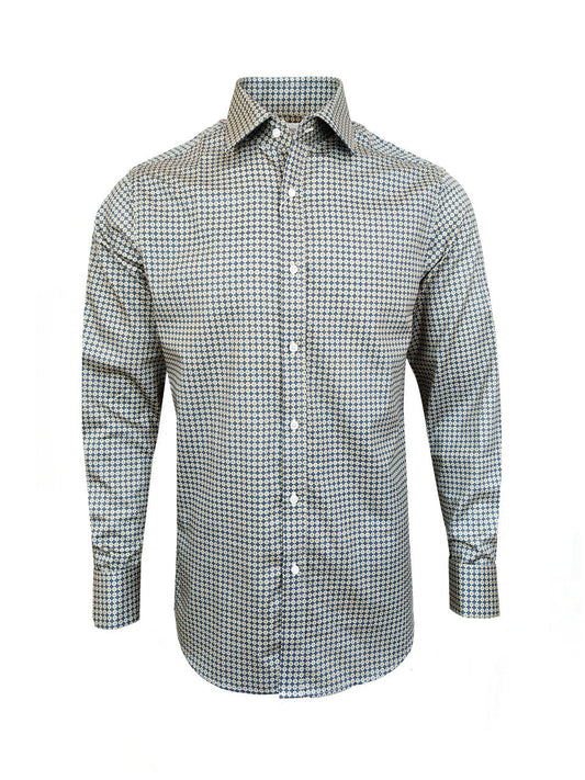 Men's beige and navy slim fit shirt by PAMONI, featuring a classic collar and button-down front, displayed on a hanger.