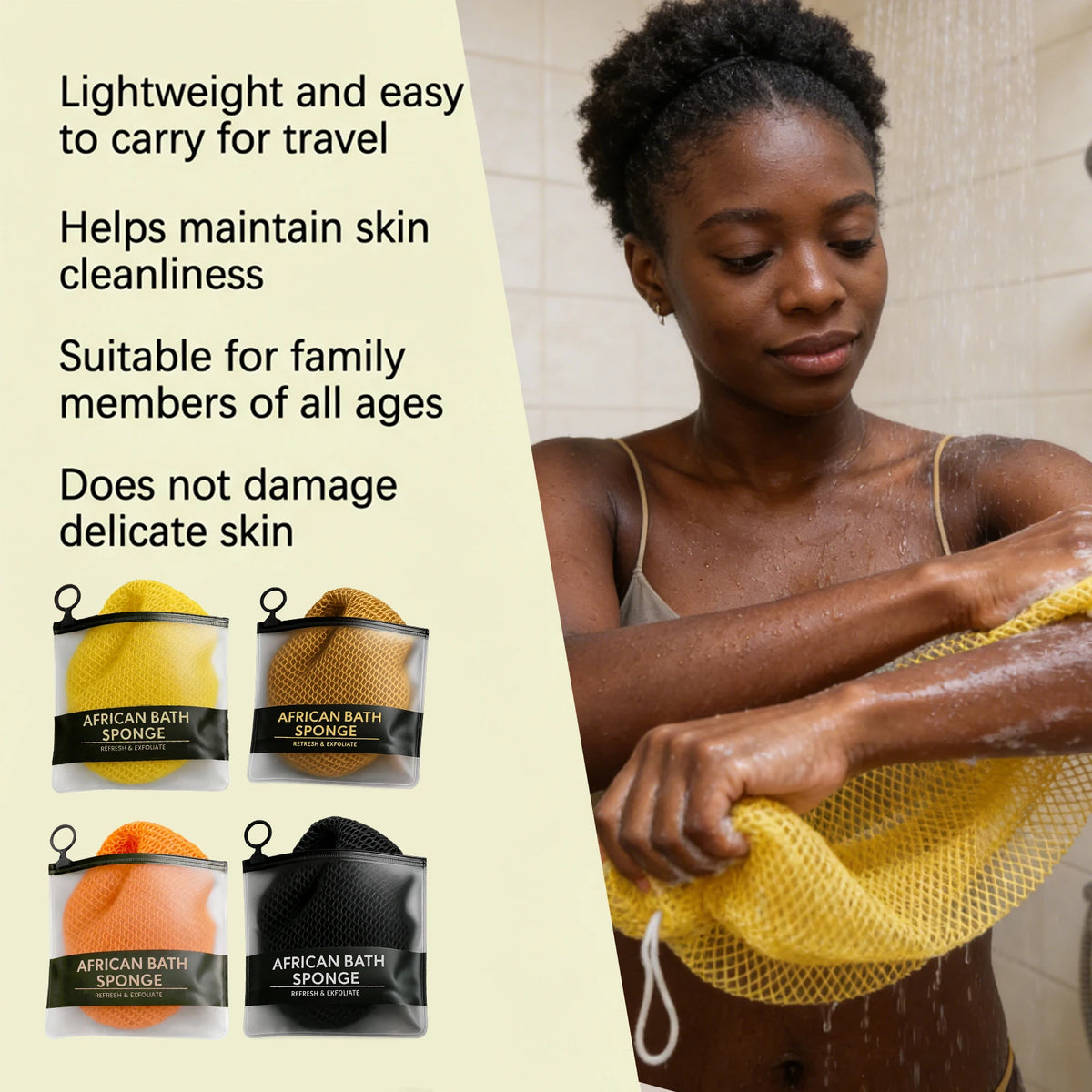 African net sponge exfoliating body scrubber by Jelieora Venture, long nylon bath net for soft shower cleansing and back skincare.