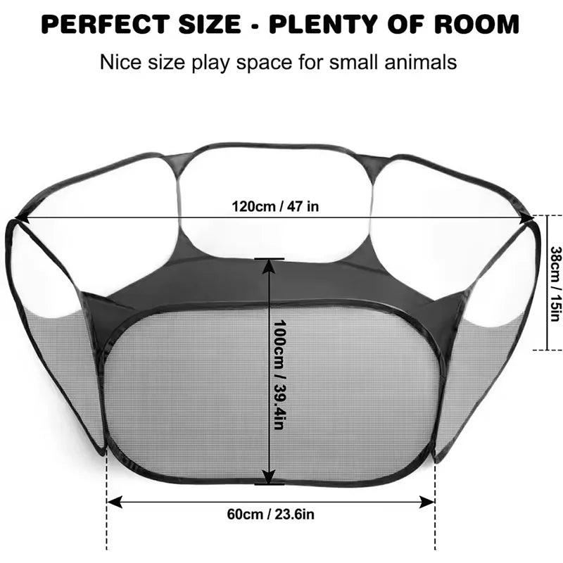 Portable transparent foldable pet playpen tent for small animals like puppies, cats, hamsters, rabbits, and guinea pigs, ideal for indoor outdoor use.