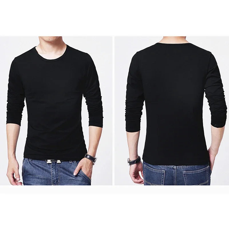 Men's long sleeve slim fit T-shirt by Jelieora Venture, shown in a casual fit on a model, with a solid color design.