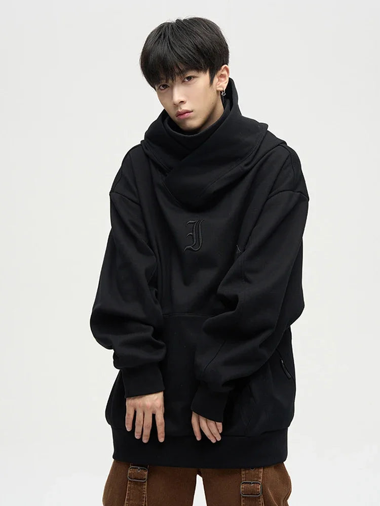 Men's black turtleneck hoodie by Jelieora Venture, featuring a comfortable fit and casual style, shown on a model.