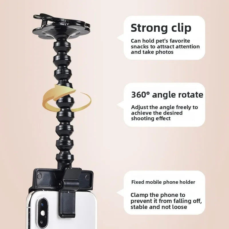Jelieora Venture pet selfie clip with phone holder for capturing cats and dogs looking at the camera in pet photography.