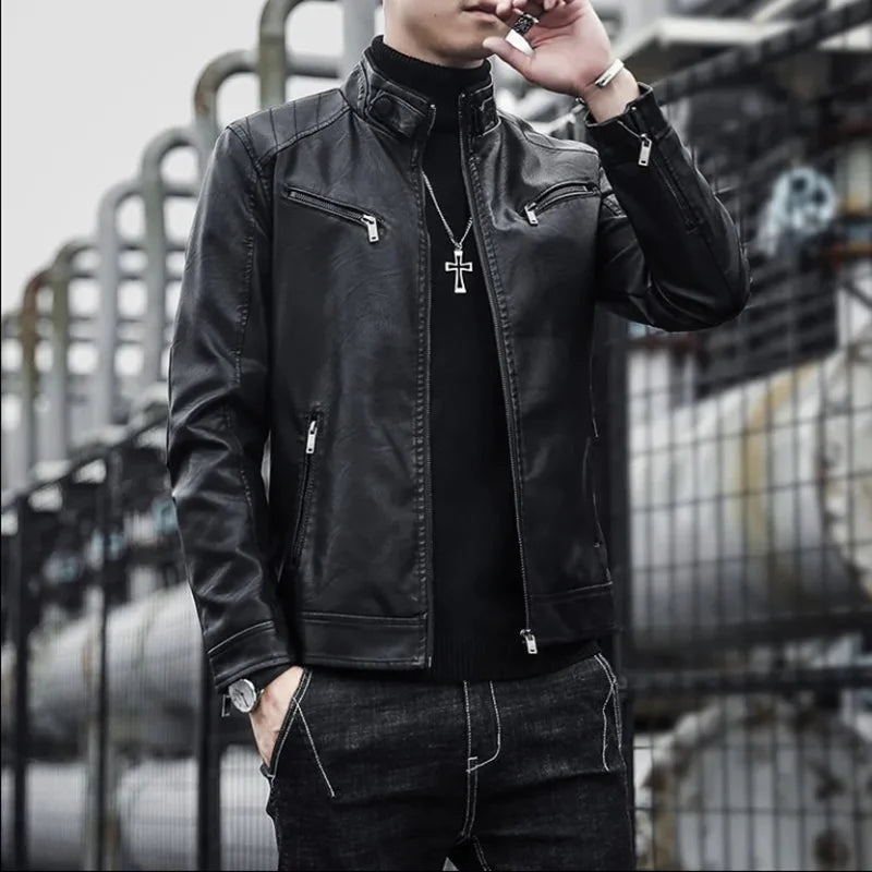 Men's black faux leather biker jacket by Jelieora Venture, featuring classic lapels and zipper details, displayed on a hanger.