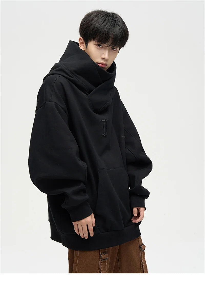 Men's black turtleneck hoodie by Jelieora Venture, featuring a cozy fit and ribbed cuffs, shown on a mannequin.