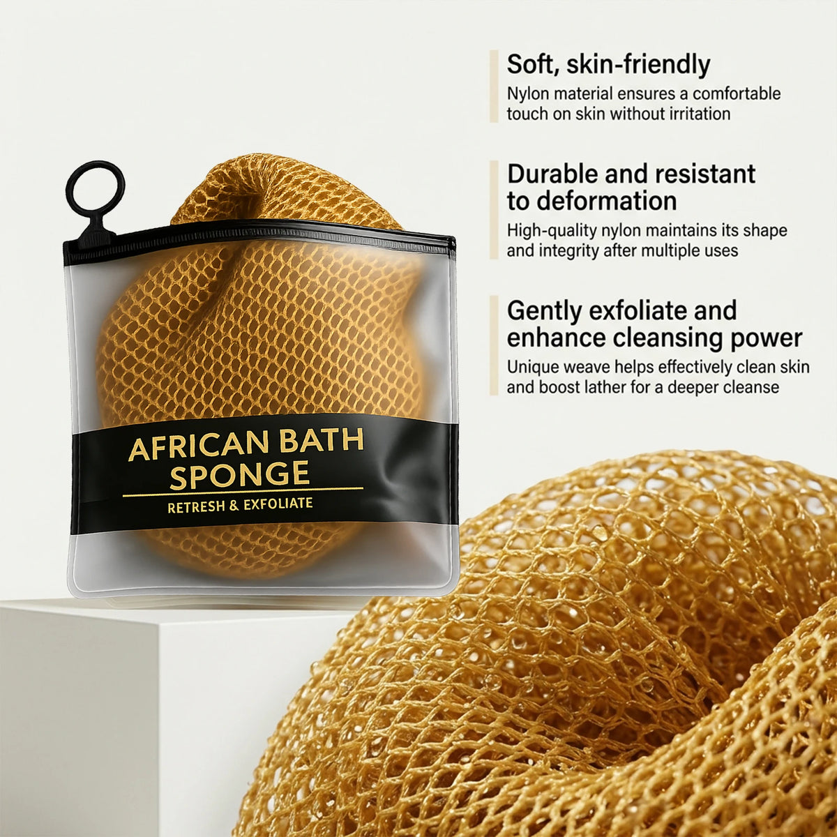 African net sponge exfoliating body scrubber by Jelieora Venture, long nylon bath net for soft shower and back exfoliation.