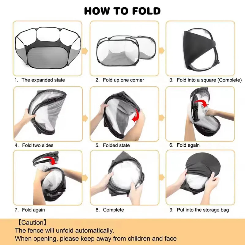 Portable transparent foldable pet playpen tent for small animals like puppies, cats, hamsters, rabbits, and guinea pigs by Jelieora Venture.