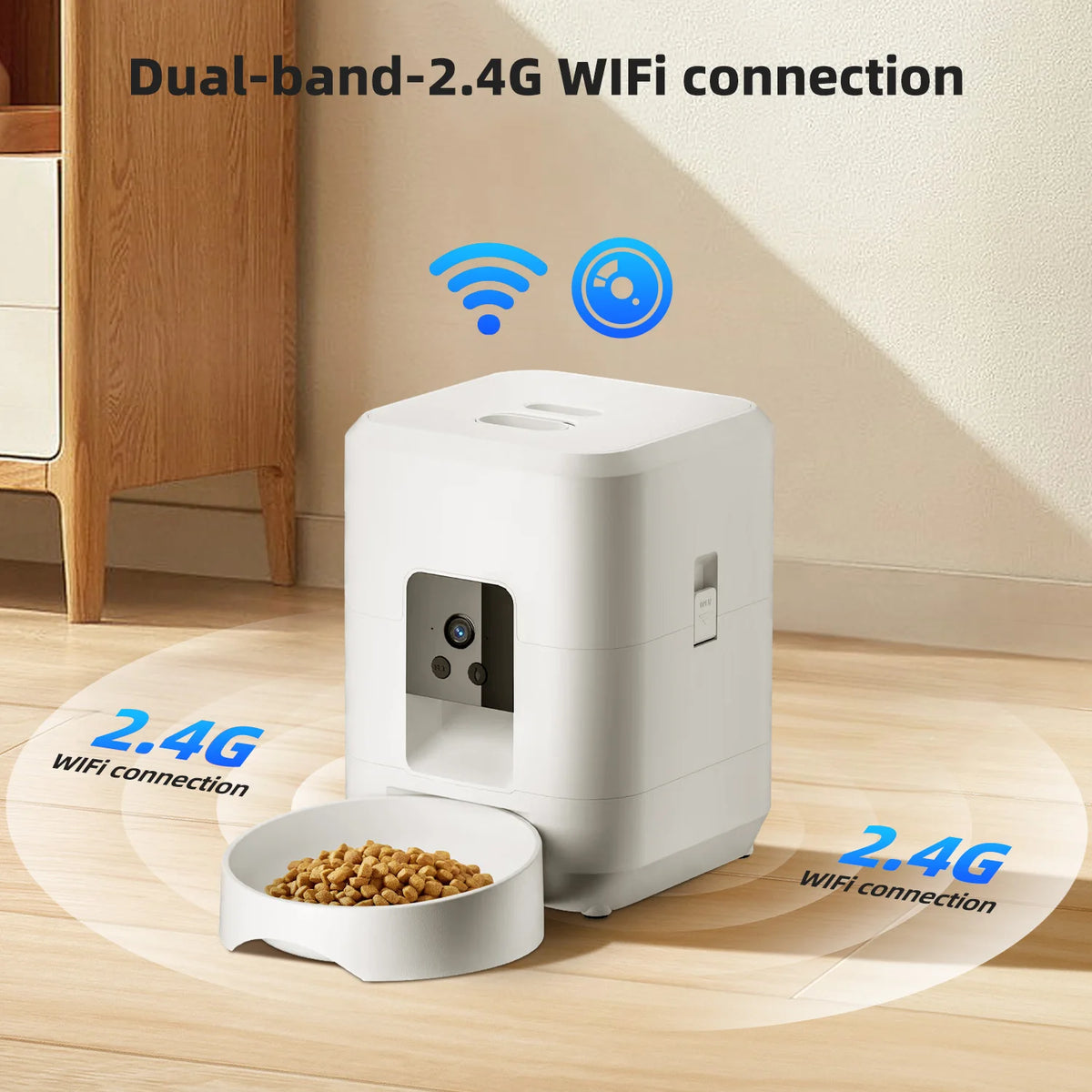 Jelieora Venture 2L automatic pet feeder with Wi-Fi, camera, and remote app control for cats and dogs, no plug included.