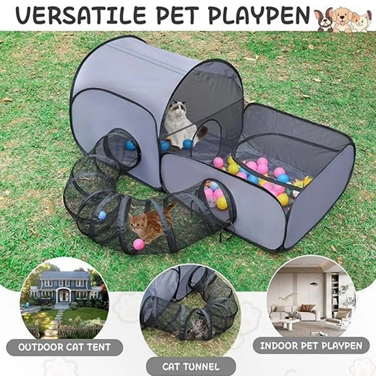 Foldable Jelieora Venture cat and dog playpen with breathable fabric, interactive toys, and enclosed house for small pets.