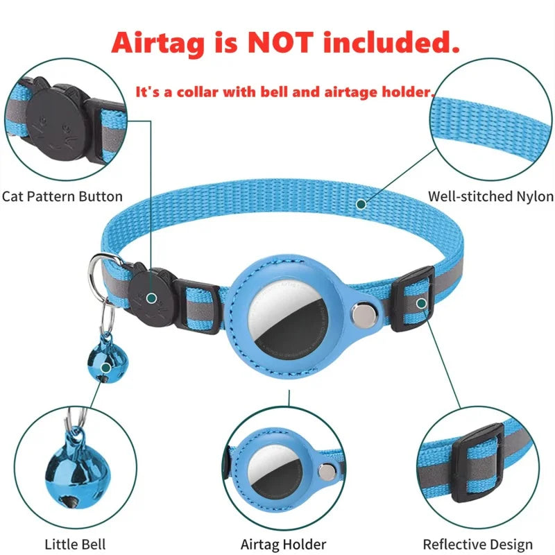 Jelieora Venture adjustable cat collar with footprint print, reflective safety necklace with bell and Airtag holder for pet security.