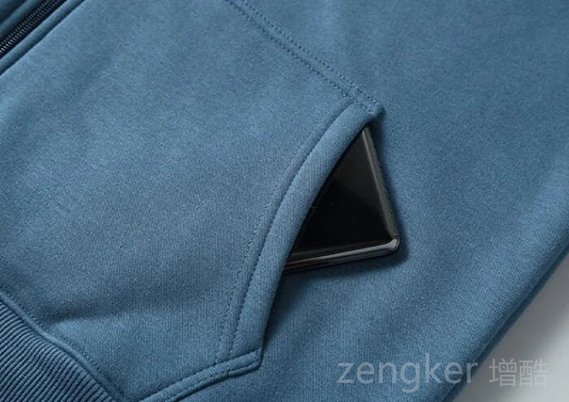 Men's plus size hooded zip sweatshirt by Jelieora Venture, front view showing adjustable hood and full-length zipper.