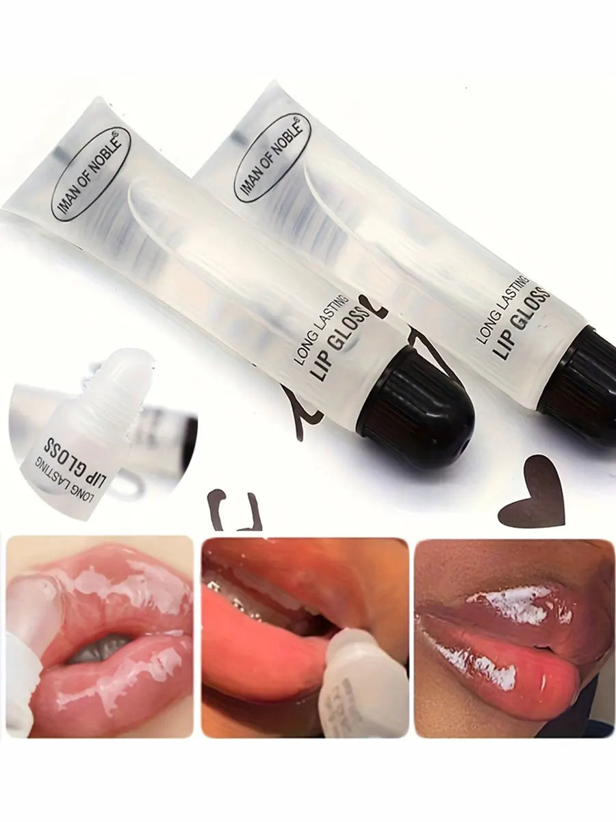 Shiny glossy lip gloss by Jelieora Venture with smooth, reflective finish showing on lips in a natural makeup look.