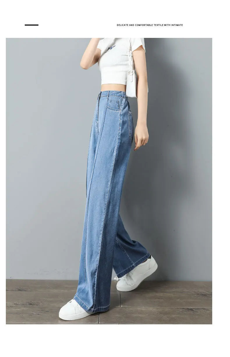 Women's high waist wide leg jeans by Jelieora Venture, showing the denim's fit and stylish cut on a model.