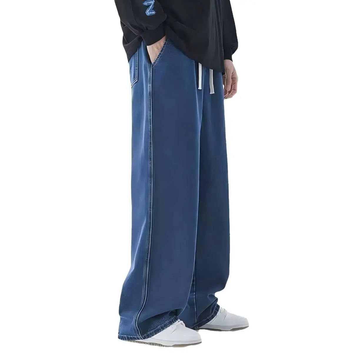 Men's Y2K low rise wide leg denim jeans by Jelieora Venture, showcasing the relaxed fit and stylish wide leg cut.