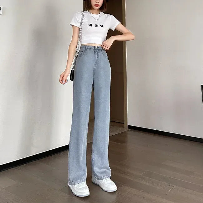 Women's high waist wide-leg jeans by Jelieora Venture, featuring a relaxed fit and classic denim style.