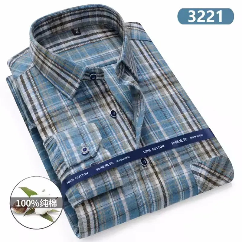 Men's cotton flannel plaid shirt by Jelieora Venture, shown in extended sizes up to 11XL, featuring classic plaid pattern and long sleeves.