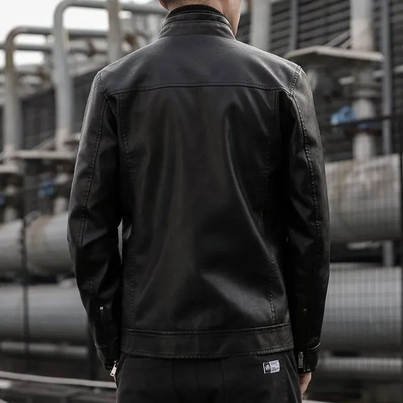 Men's faux leather biker jacket by Jelieora Venture showing classic black design with silver zipper details and lapel collar.