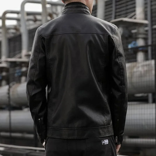 Men's faux leather biker jacket by Jelieora Venture showing classic black design with silver zipper details and lapel collar.