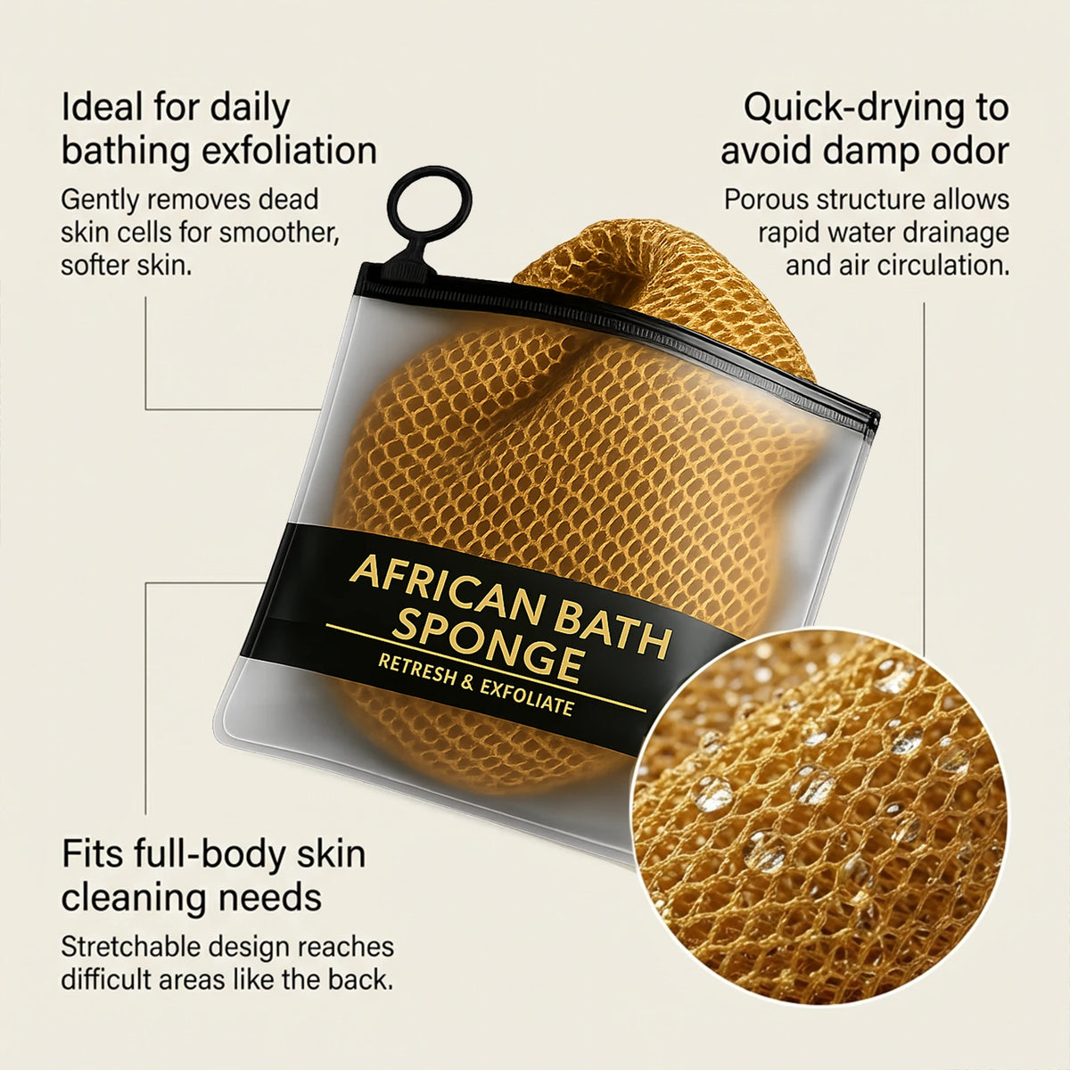 Jelieora Venture African net sponge exfoliating body scrubber, long nylon bath net for soft shower cleansing and back exfoliation.