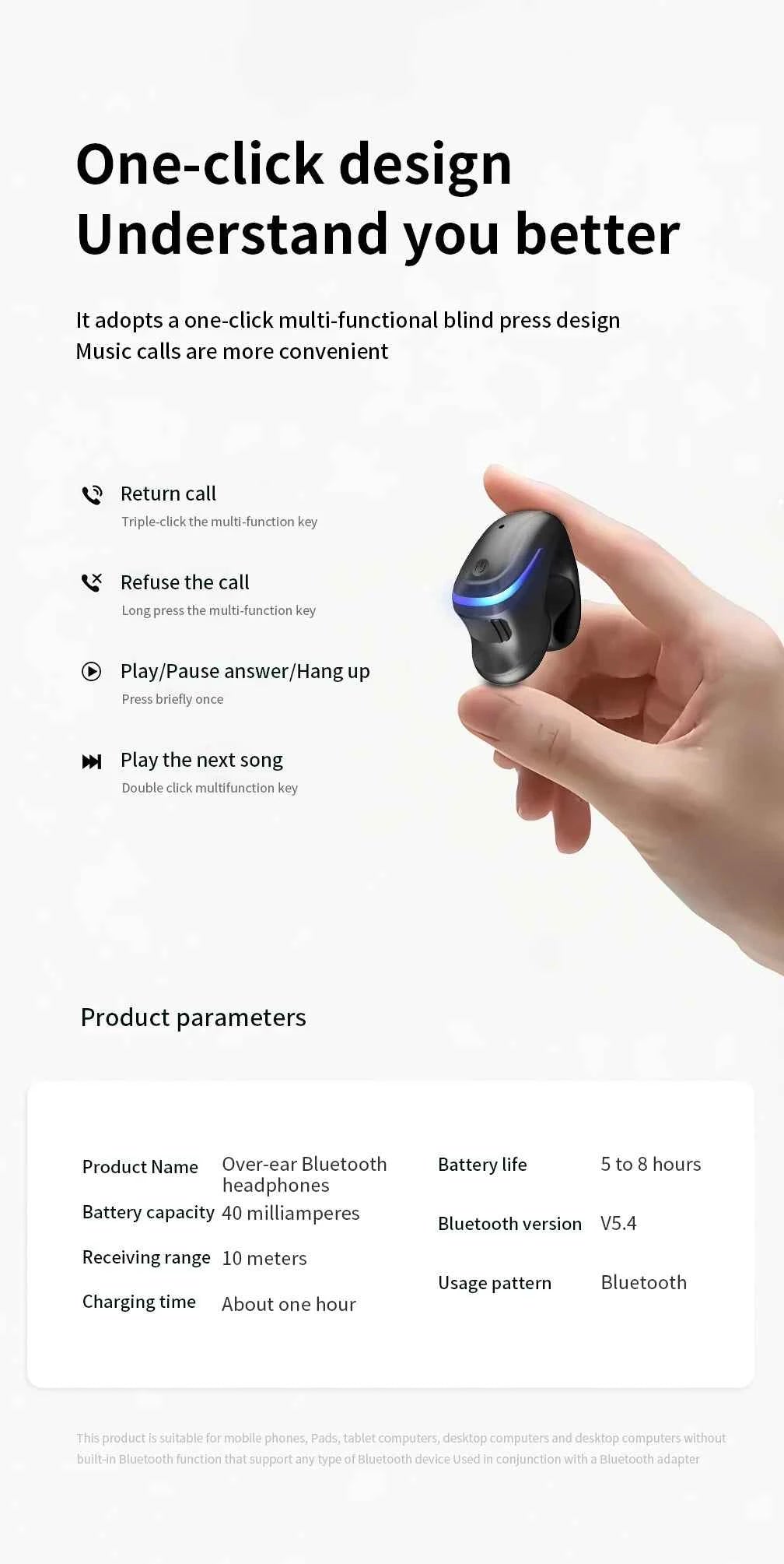Wireless Bluetooth 5.3 Bone Conduction Clip Earphone | Single Ear Sport Headset