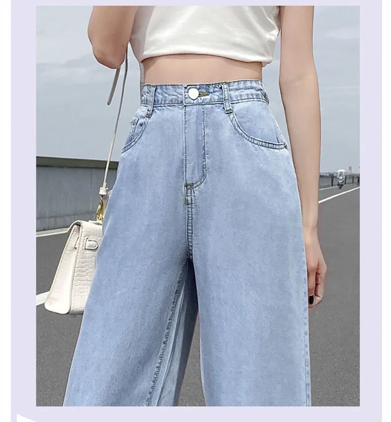 Women's high waist wide-leg jeans by Jelieora Venture, showing the fit and style of the trendy denim pants.