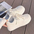 Women's White Leather Flat Casual Shoes | Breathable Lace-Up Vulcanised Sole