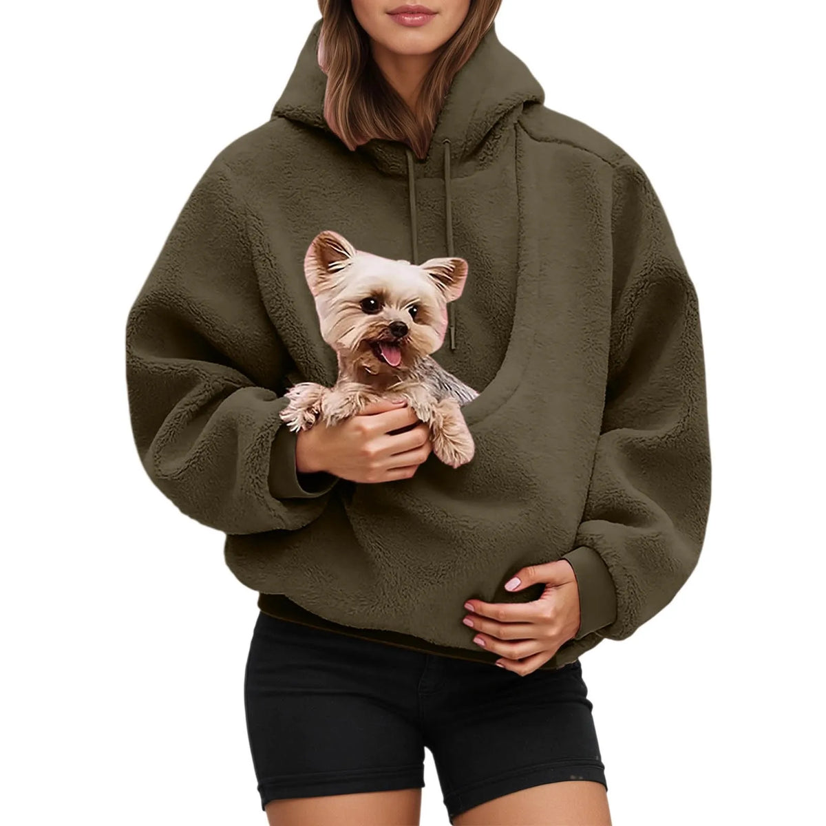 Unisex pet carrier hoodie by Jelieora Venture featuring a cozy hoodie with a built-in pet carrier pocket, comfortable casual style.