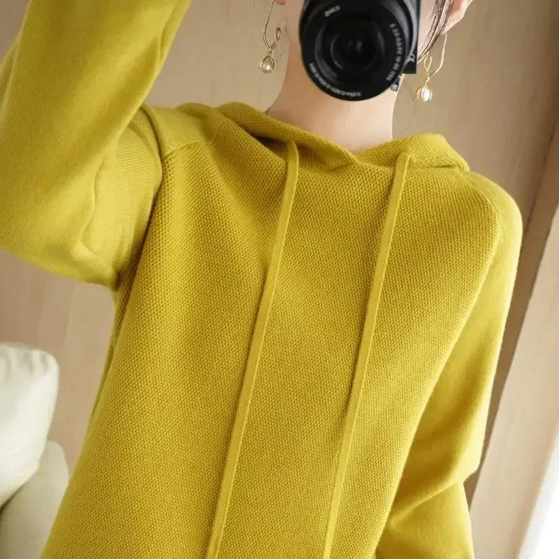 Women's knitted hoodie jumper by Jelieora Venture, featuring a cozy, stylish knit design with a hood and long sleeves.