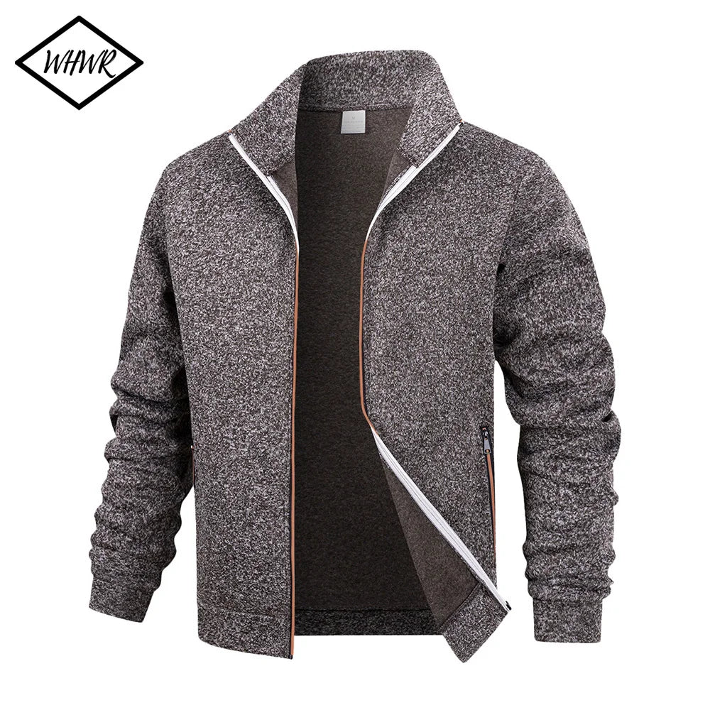Men's fleece zip jacket by Jelieora Venture, blue with front zipper, shown on a hanger against a neutral background.