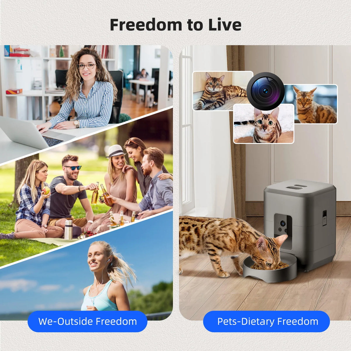 Jelieora Venture 2L automatic pet feeder with Wi-Fi, camera, and remote app control for cats and dogs, no power plug included.