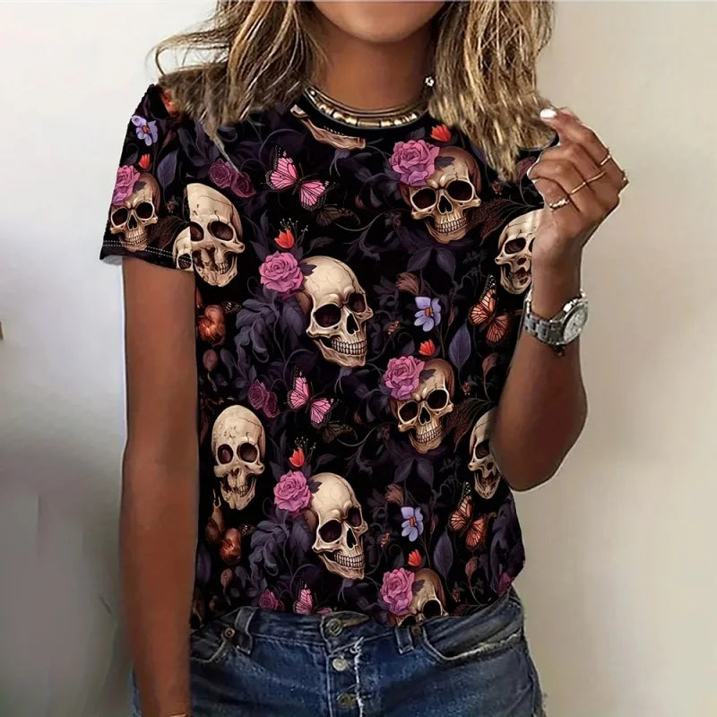 Women's skeleton print T-shirt by Jelieora Venture featuring a detailed skeletal graphic on soft fabric.