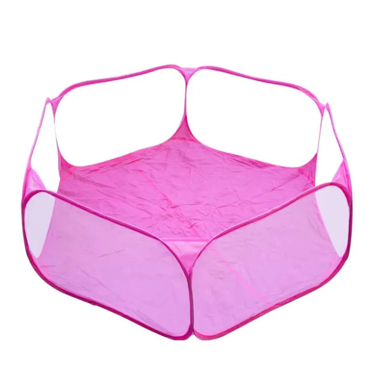 Portable transparent foldable pet playpen tent for small animals like puppies, cats, hamsters, rabbits, and guinea pigs by Jelieora Venture.