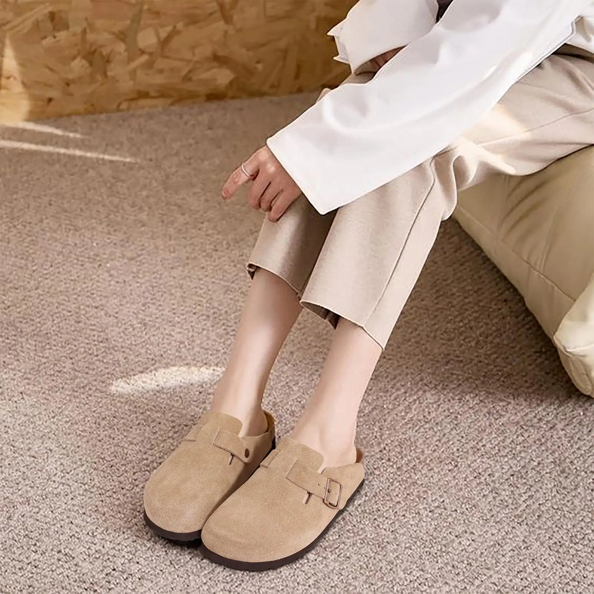 Women's suede cork footbed mule clogs by Jelieora Venture, featuring a stylish slip-on design with a comfortable, textured sole.