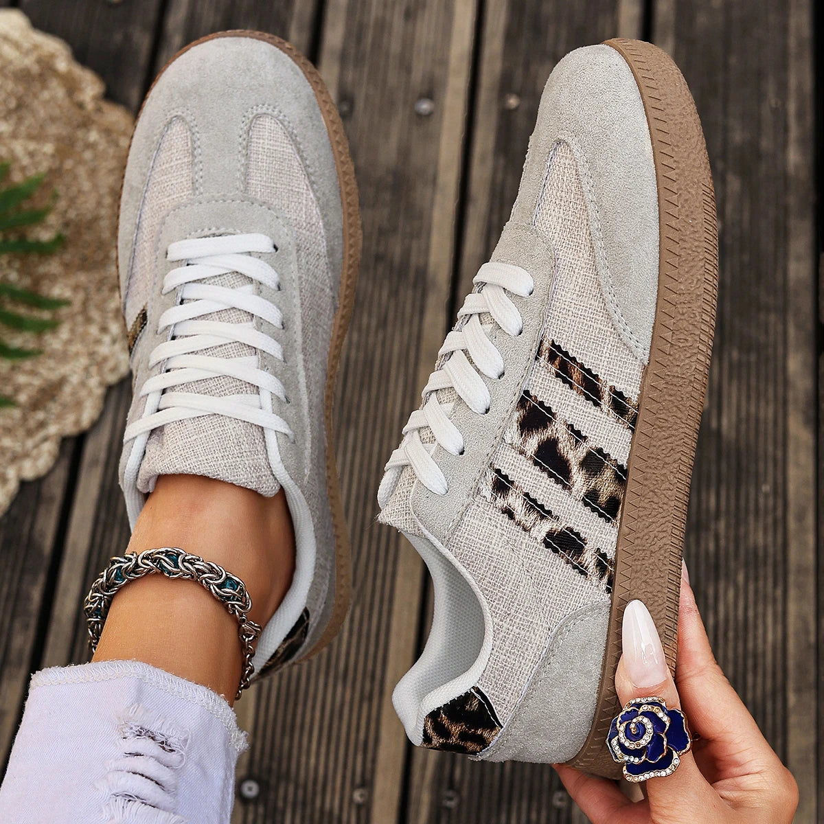 Women's Leopard Print Casual Sports Shoes | Lace-Up Anti-Slip Trainers