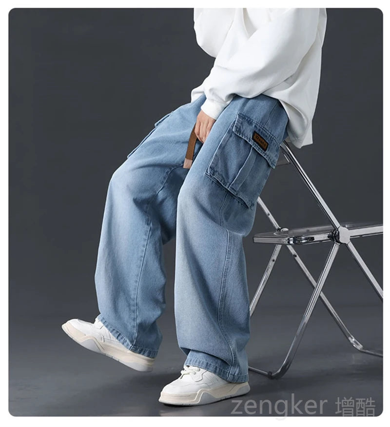 Men's plus size loose wide-leg jeans with elasticated waist by Jelieora Venture, shown in a relaxed fit with comfortable styling.