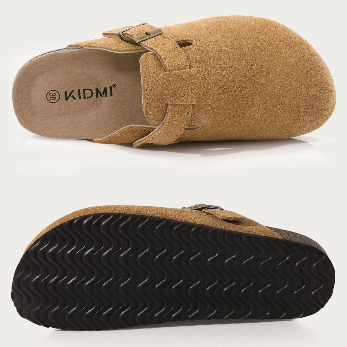 Women's suede mule clogs with cork sole and adjustable buckle by Jelieora Venture, shown from a side view.