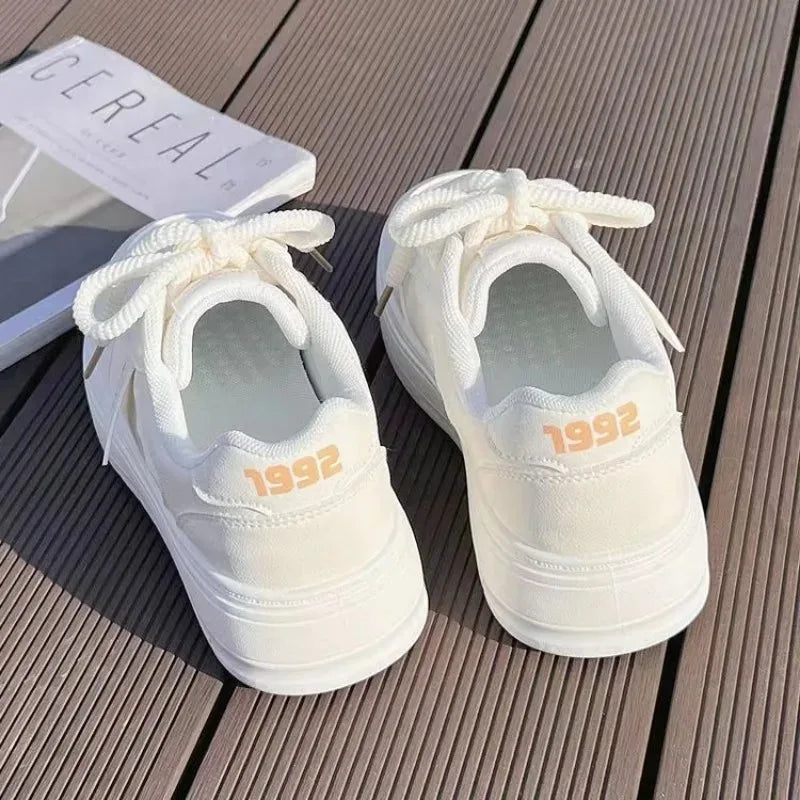 Women's White Leather Flat Casual Shoes | Breathable Lace-Up Vulcanised Sole